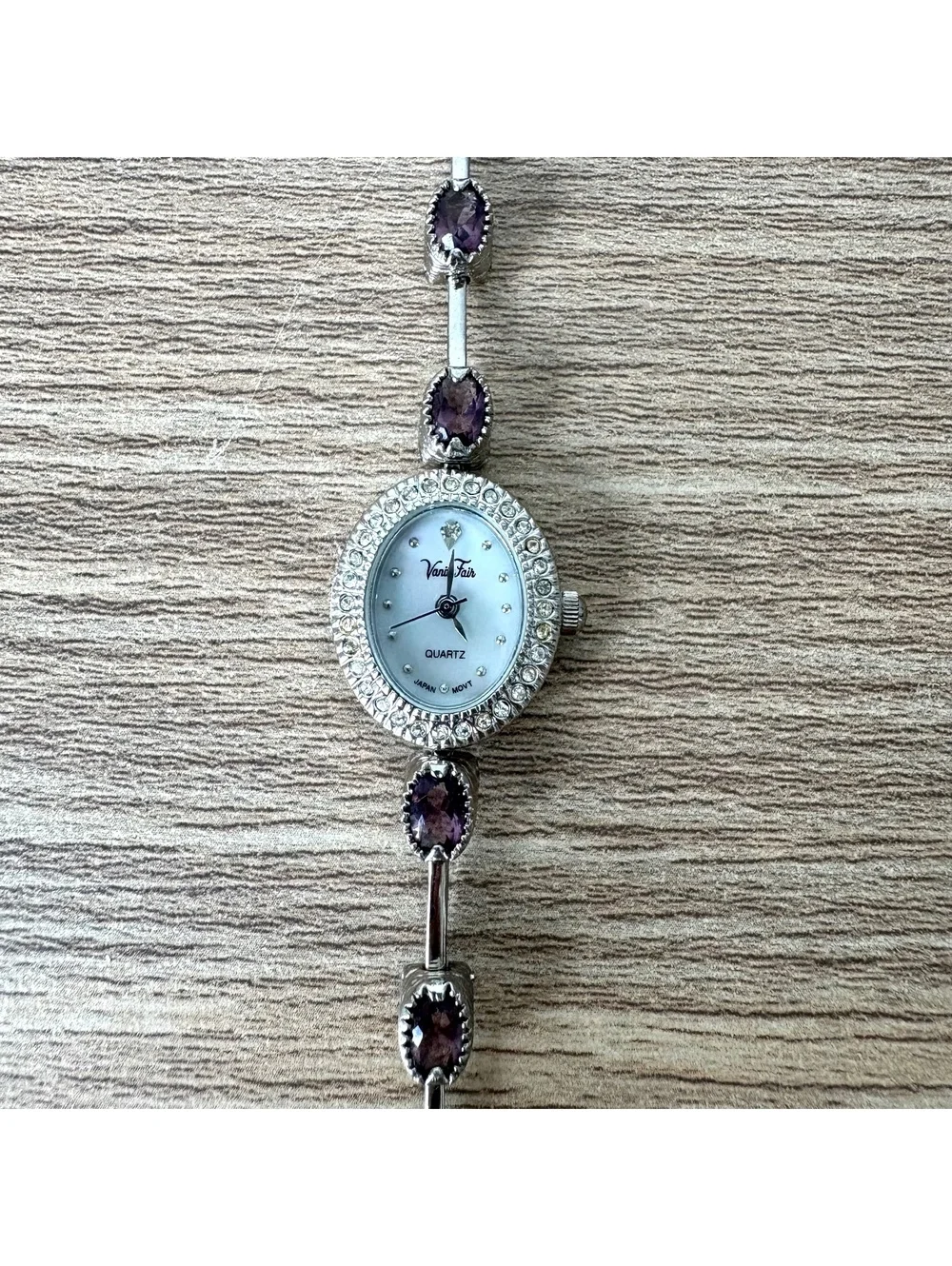 Vanity Fair Women’s Silver Tone Quartz Watch Purple Crystal Rhinestone
